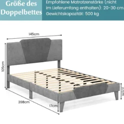 Gepolstertes Plattformbett in Doppelbettgröße Samt-Bettrahmen mit Kopfteil Bettgestell aus massiven Holzlatten 140 x 200 cm Grau