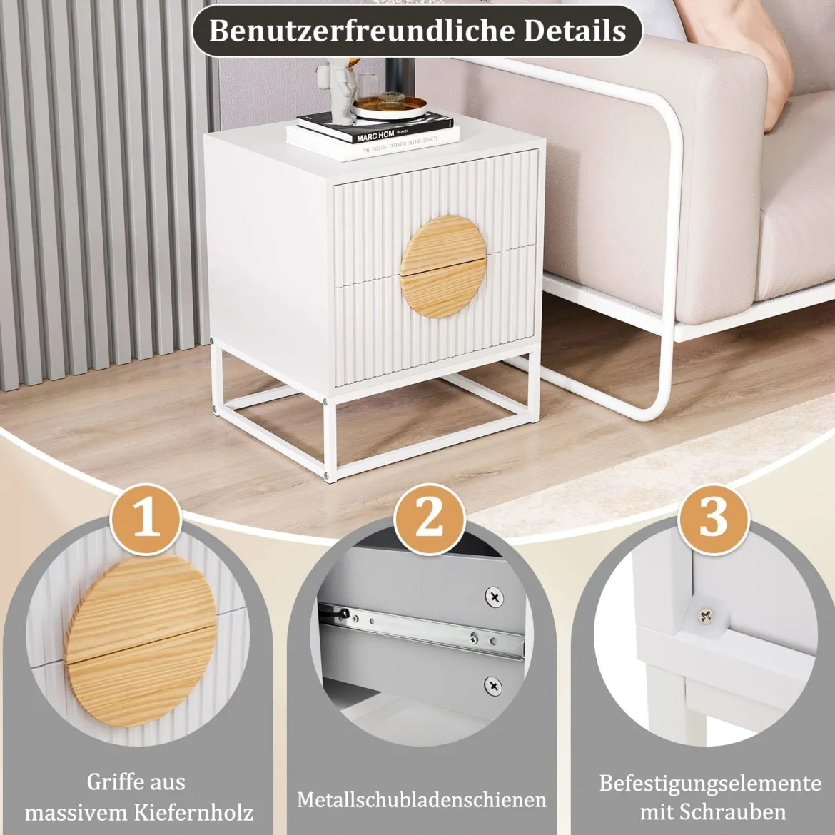 Gerillter Nachttisch Beistelltisch mit 2 Schubladen Kiefernholzgriffen & Metallrahmen Moderner Mid-Century Beistelltisch