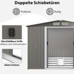 Gerätehaus aus Verzinktem Stahl mit Fundament & Doppeltüren & Rampe 260 x 207 x 180 cm Grau
