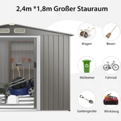 Gerätehaus aus Verzinktem Stahl mit Fundament & Doppeltüren & Rampe 260 x 207 x 180 cm Grau