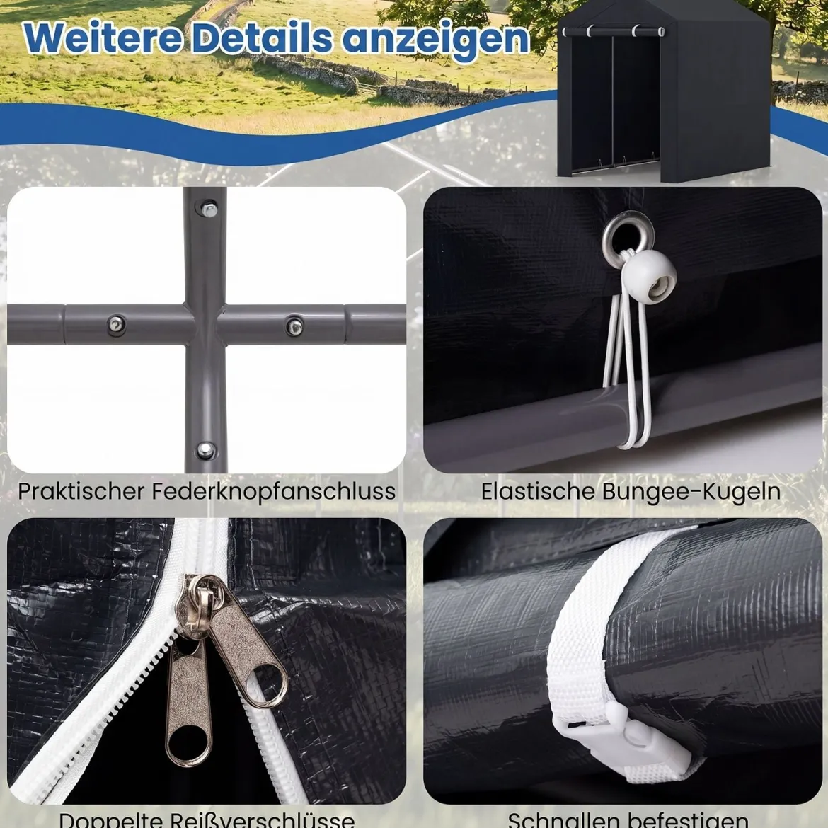Gerätehaus Garagenzelt mit Aufrollbarer Reißverschlusstür & 6 Metallheringen Dunkelgrau