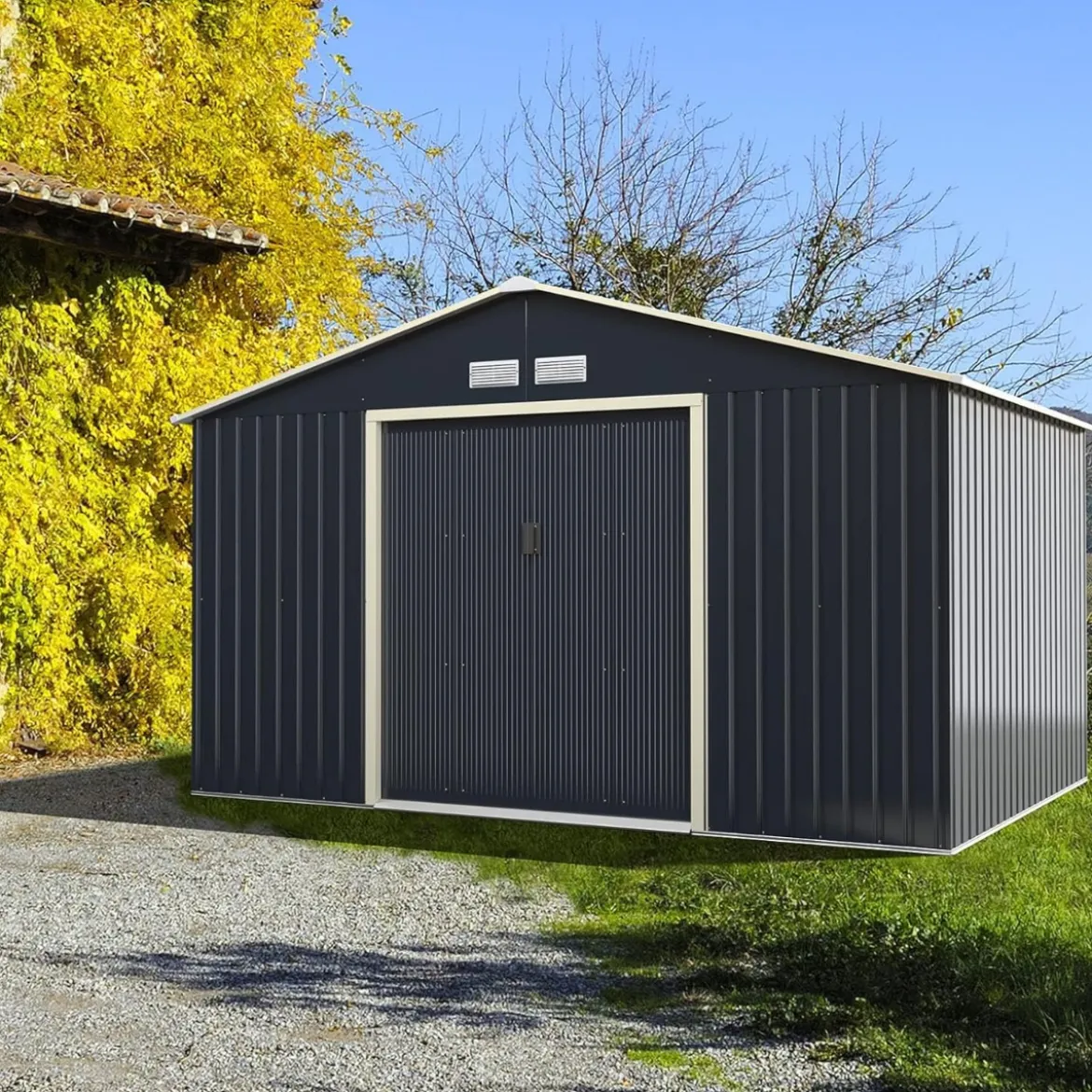 Gerätehaus Metall mit 4 Luftschlitzen & Schiebetür Geräteschuppen abschließbar 340 x 255 x 210 cm Outdoor (Nur Gerätehaus)