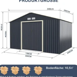 Gerätehaus Metall mit 4 Luftschlitzen & Schiebetür Geräteschuppen abschließbar 340 x 255 x 210 cm Outdoor (Nur Gerätehaus)