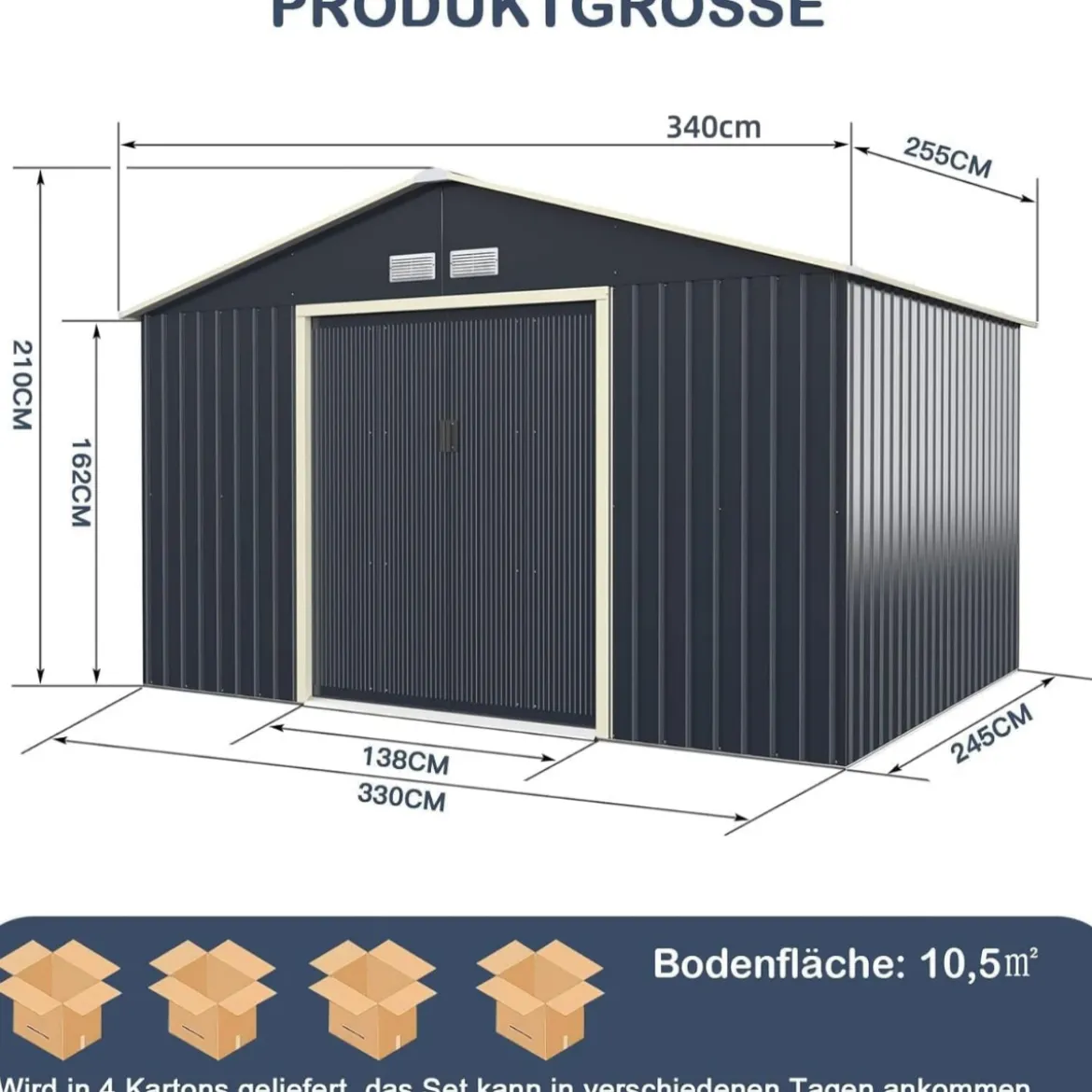 Gerätehaus Metall mit 4 Luftschlitzen & Schiebetür Geräteschuppen abschließbar 340 x 255 x 210 cm Outdoor (Nur Gerätehaus)