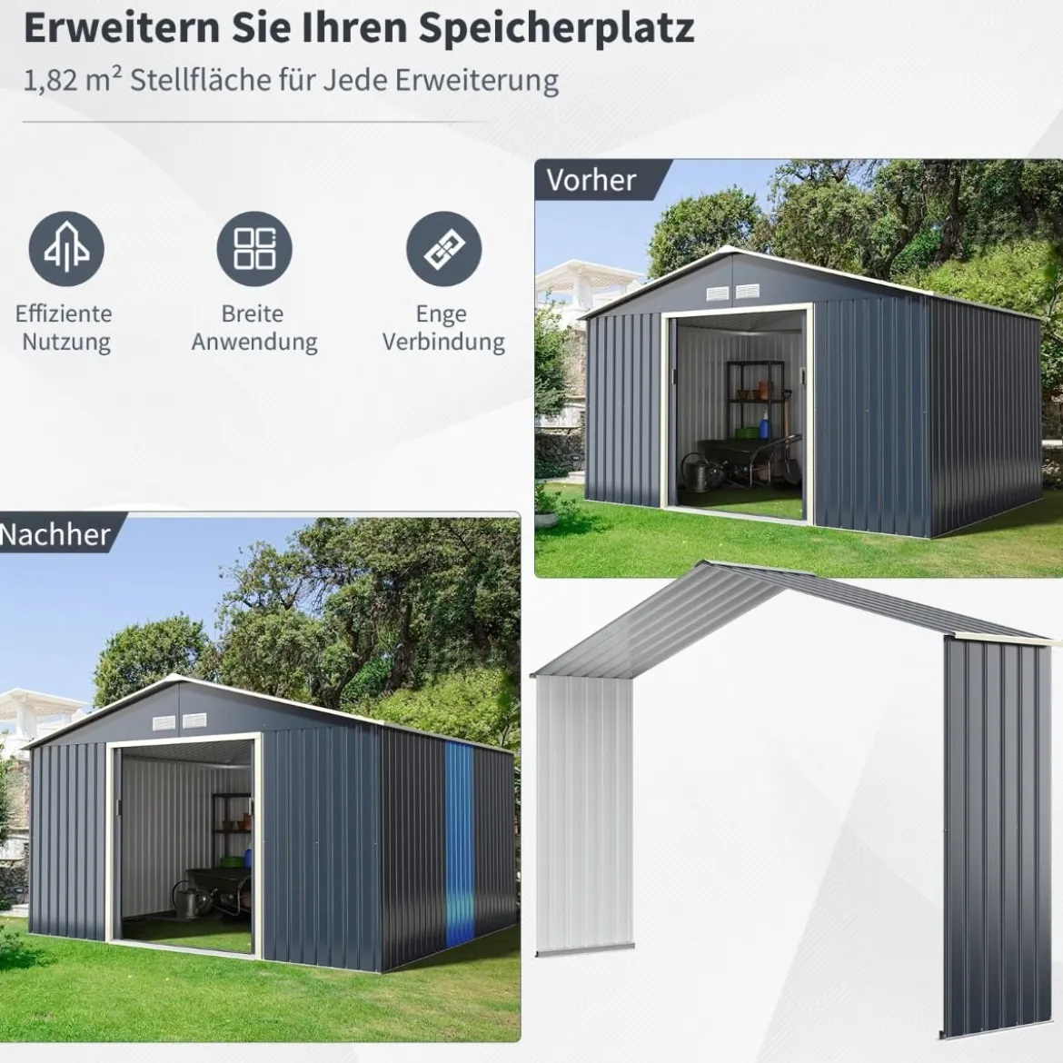 Gerätehaus Metall mit 4 Luftschlitzen & Schiebetür Geräteschuppen Abschließbar Erweitert
