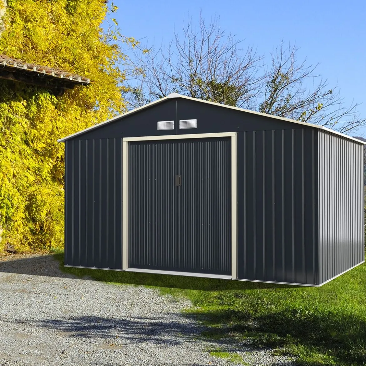 Gerätehaus Metall mit 4 Luftschlitzen & Schiebetür Geräteschuppen Abschließbar Erweitert