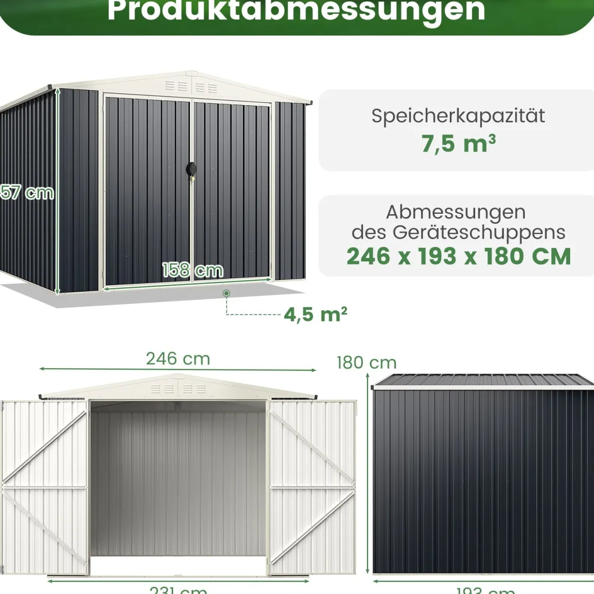 Gerätehaus Metall 246 x 193 x 180 cm Geräteschuppen abschließbar Gartenhaus mit Pultdach & Belüftungsöffnung Grau