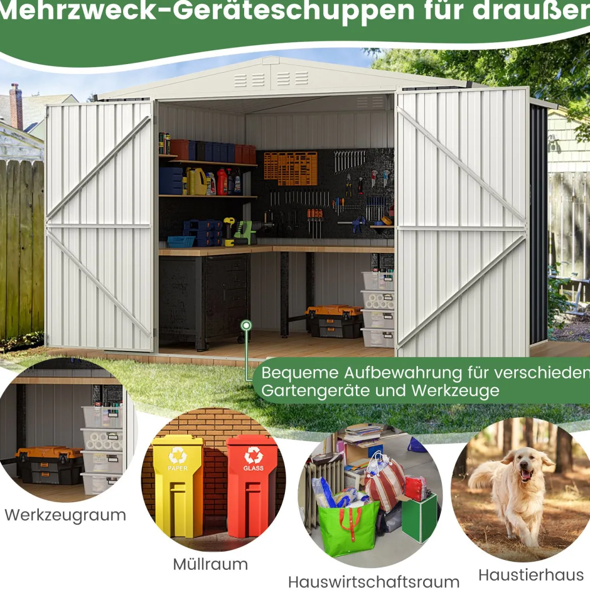Gerätehaus Metall 246 x 193 x 180 cm Geräteschuppen abschließbar Gartenhaus mit Pultdach & Belüftungsöffnung Grau