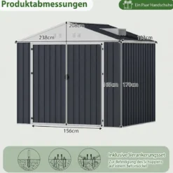 Geräteschuppen Gerätehaus aus Verzinktem Stahl 238 x 193 x 208 cm Gartenhaus mit Satteldach Grau