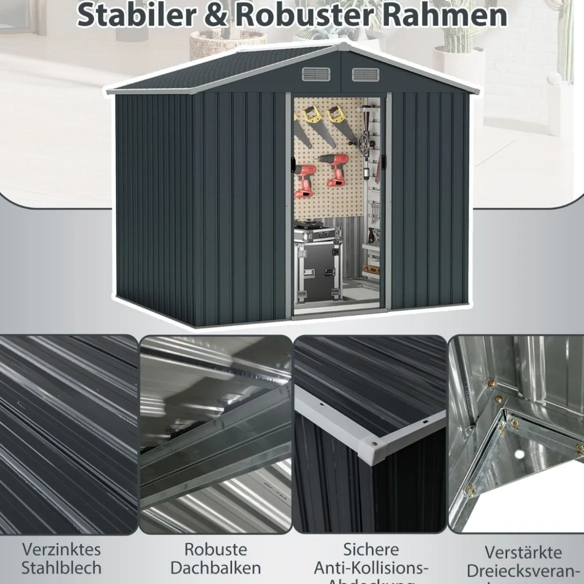Geräteschuppen Gerätehaus Metall mit Pultdach & Schiebetüren Gartenhaus Fahrradgarage Gartenschuppen
