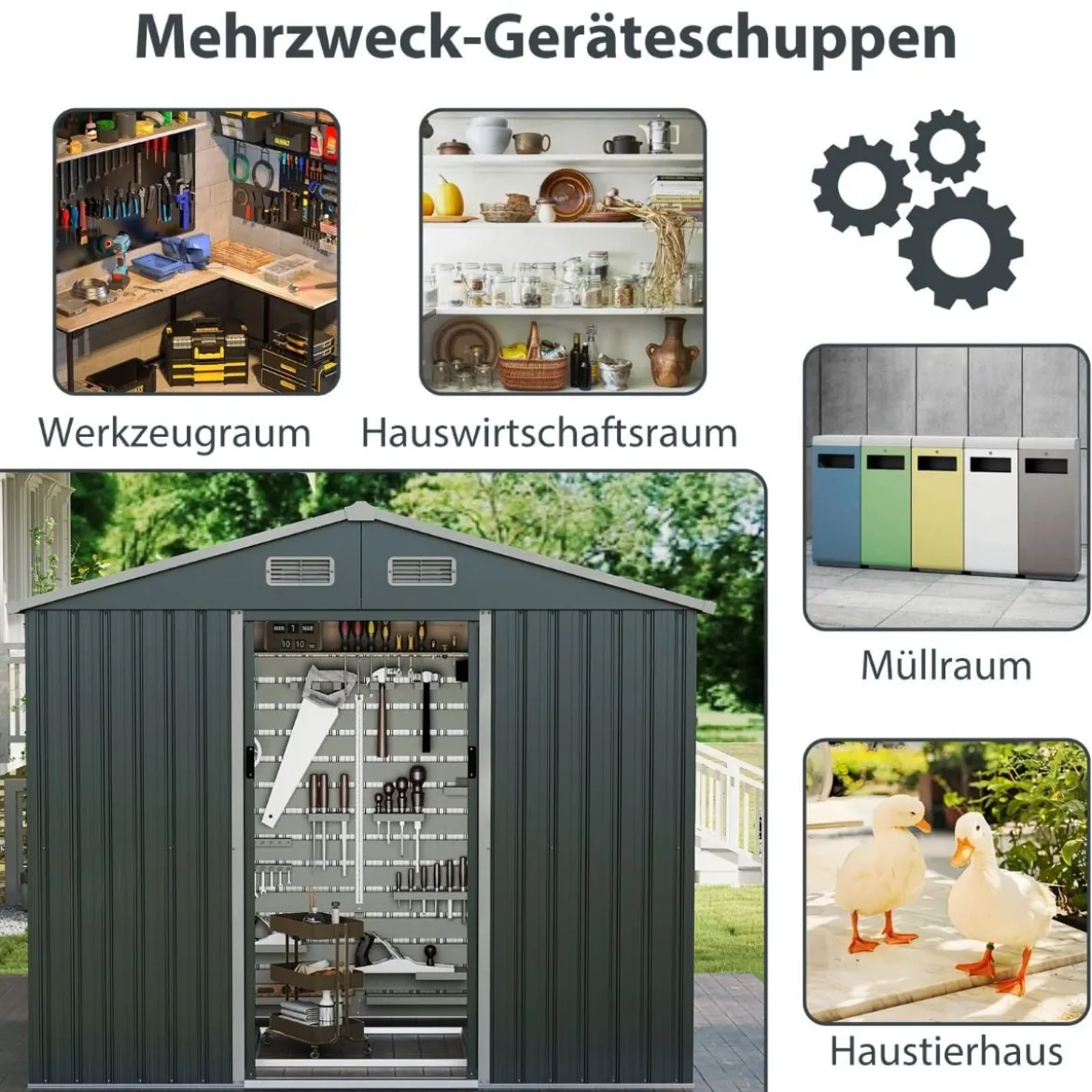 Geräteschuppen Gerätehaus Metall mit Pultdach & Schiebetüren Gartenhaus Fahrradgarage Gartenschuppen