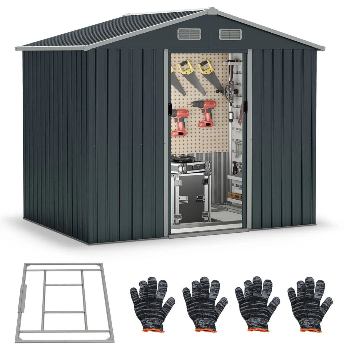 Geräteschuppen Gerätehaus Metall mit Pultdach & Schiebetüren Gartenhaus Fahrradgarage Gartenschuppen