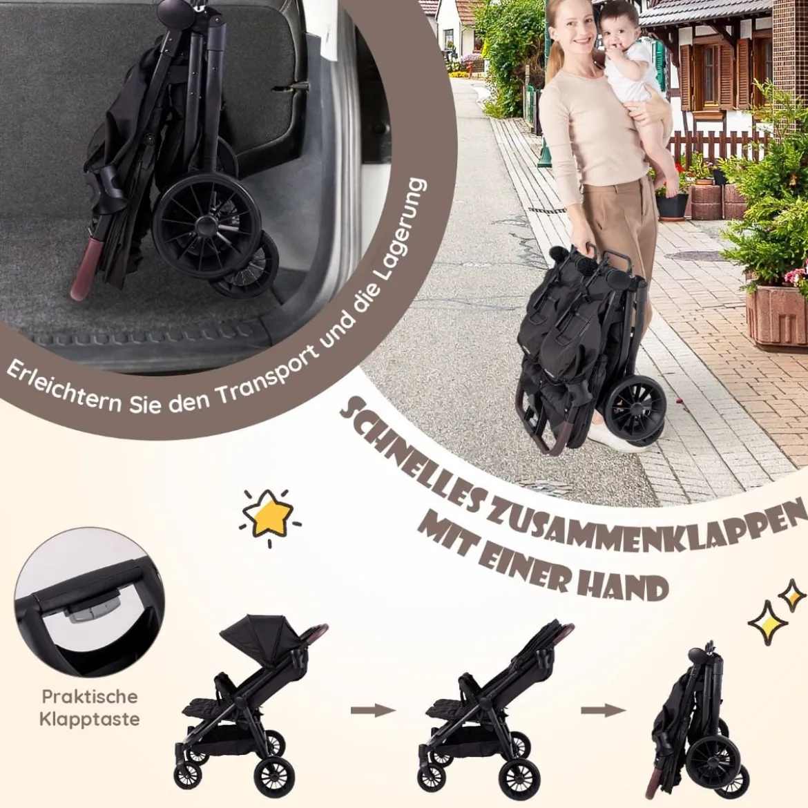 Geschwisterwagen klappbar Zwillingswagen mit verstellbarer Rückenlehne Tragbarer Zwillingsbuggy Dunkelgrau