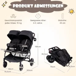 Geschwisterwagen klappbar Zwillingswagen mit verstellbarer Rückenlehne Tragbarer Zwillingsbuggy Dunkelgrau
