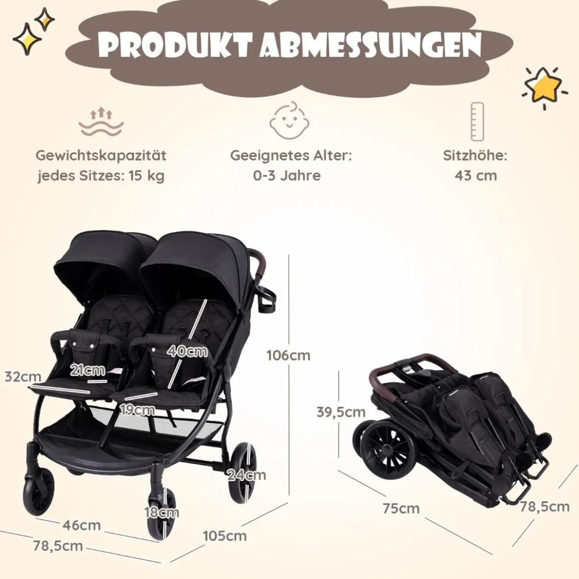 Geschwisterwagen klappbar Zwillingswagen mit verstellbarer Rückenlehne Tragbarer Zwillingsbuggy Dunkelgrau
