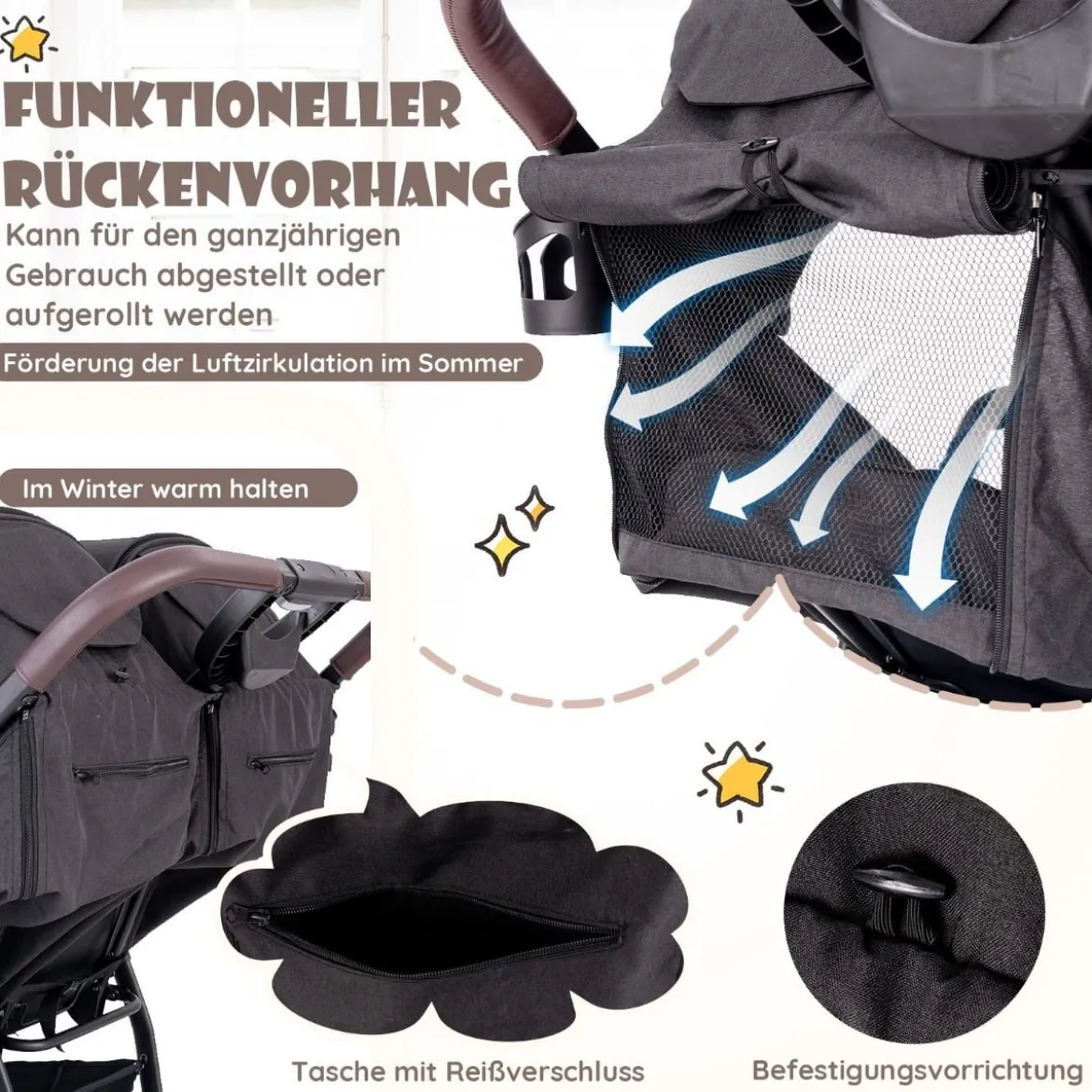 Geschwisterwagen klappbar Zwillingswagen mit verstellbarer Rückenlehne Tragbarer Zwillingsbuggy Dunkelgrau