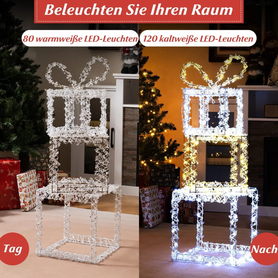 Gestapelte beleuchtete Geschenkboxen 3er-Set Weihnachtsgeschenkboxen mit warmweißen & kaltweißen LED-Lichtern Mehrfarbig