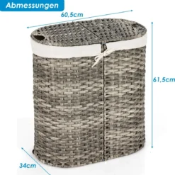 Geteilter Wäschekorb mit Deckel handgeflochtener 110L Wäschekorb 60,5 x 34 x 61,5 cm Grau