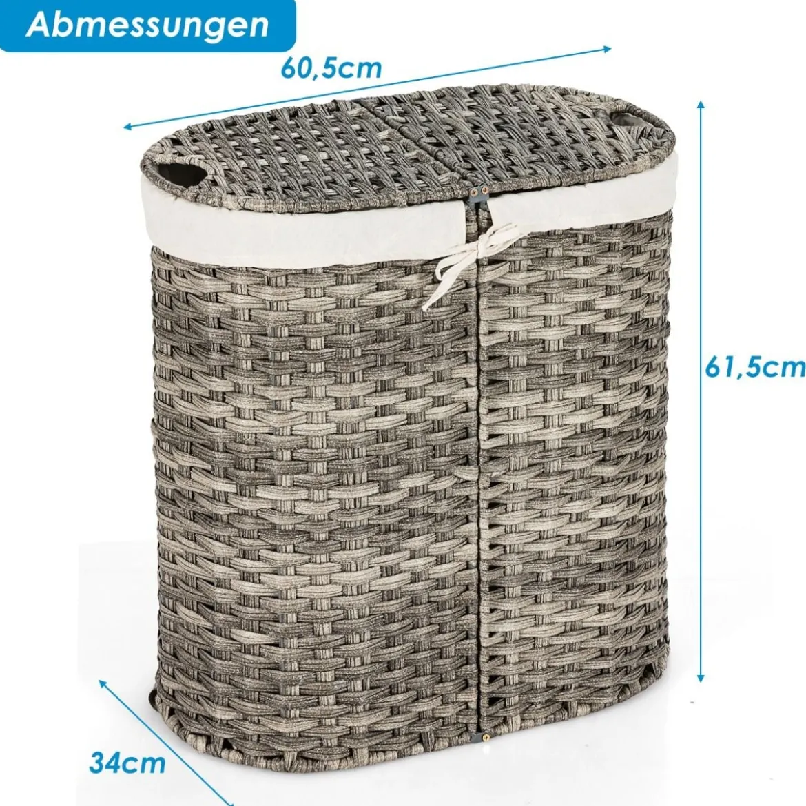 Geteilter Wäschekorb mit Deckel handgeflochtener 110L Wäschekorb 60,5 x 34 x 61,5 cm Grau
