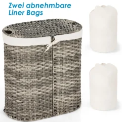 Geteilter Wäschekorb mit Deckel handgeflochtener 110L Wäschekorb 60,5 x 34 x 61,5 cm Grau