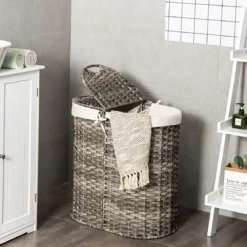 Geteilter Wäschekorb mit Deckel handgeflochtener 110L Wäschekorb 60,5 x 34 x 61,5 cm Grau