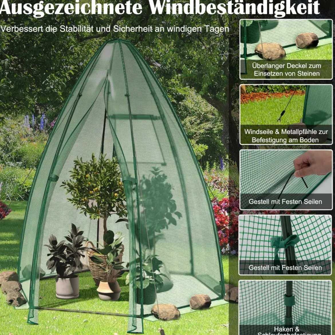 Gewächshaus Gartentreibhaus mit Allwetter-PE-Abdeckung 160 x 160 x 183 cm Grün