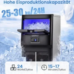 Gewerblicher Eiswürfelbereiter 25-30 kg/24 h aus Edelstahl Untertheken-/Standgerät mit Selbstreinigung Schwarz
