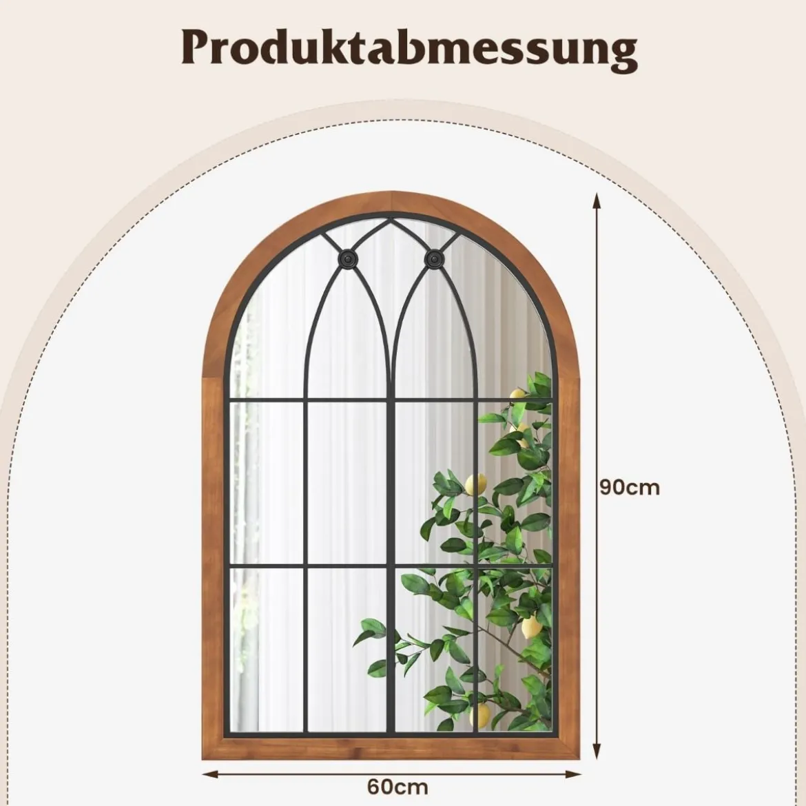 Gewölbter Wandspiegel dekorativer FensterspiegelFensterscheiben-Dekoration 60 x 90 cm Natur