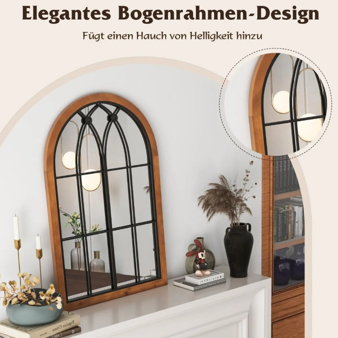 Gewölbter Wandspiegel dekorativer FensterspiegelFensterscheiben-Dekoration 60 x 90 cm Natur