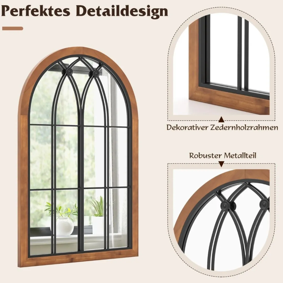 Gewölbter Wandspiegel dekorativer FensterspiegelFensterscheiben-Dekoration 60 x 90 cm Natur