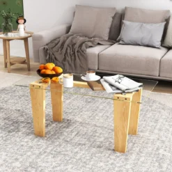 Glas Couchtisch mit Gummiholzbeinen Rechteckiger Beistelltisch Glastisch Kaffeetisch