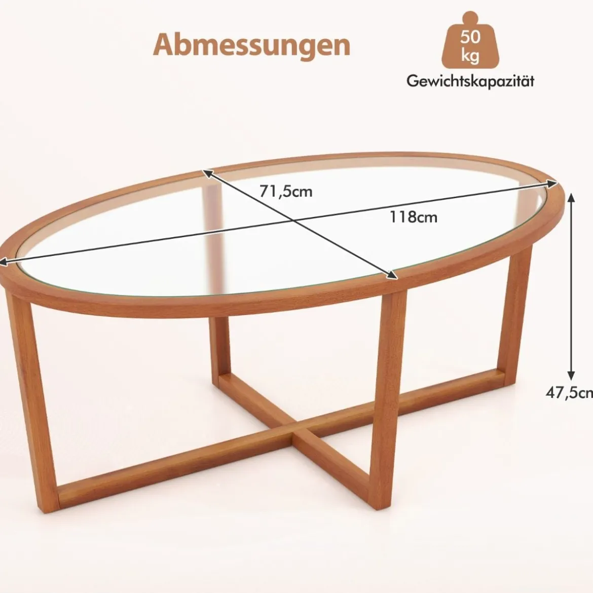 Glas Couchtisch mit Kreuzfuß & Beinen aus Akazienholz Modern Glastisch Beistelltisch