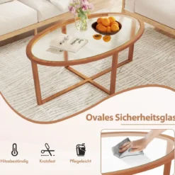 Glas Couchtisch mit Kreuzfuß & Beinen aus Akazienholz Modern Glastisch Beistelltisch