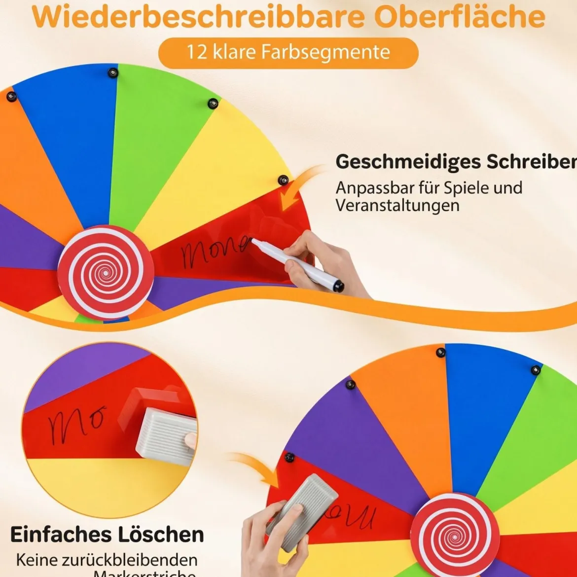 Glücksrad zum Drehen 60 cm Roulette-Spinner mit Ständer & 12 Wiederbeschreibbaren Feldern