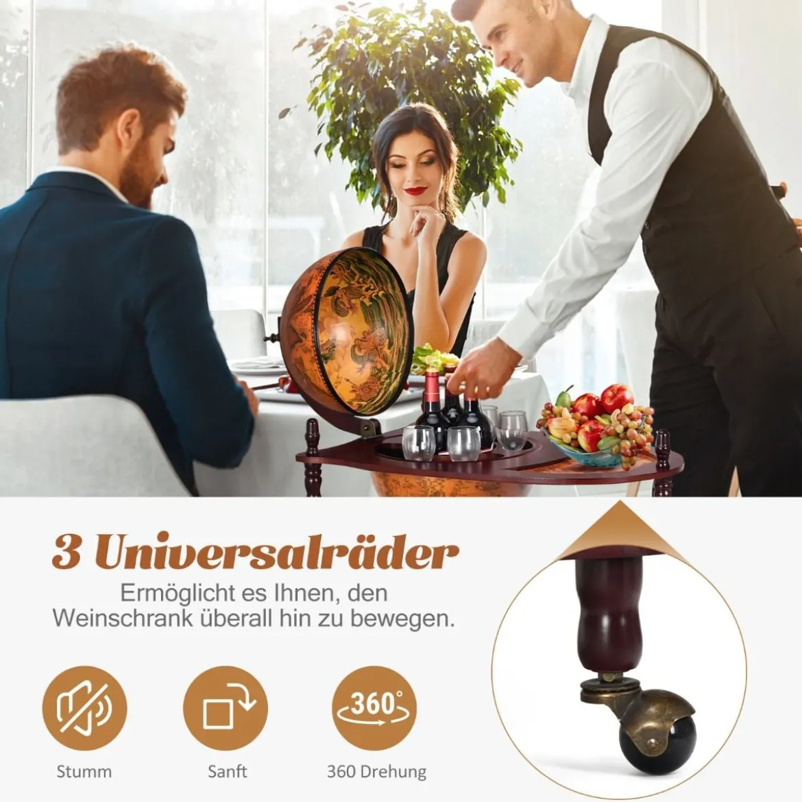 Globusbar aus Eukalyptusholz auf 3 Rollen zum Öffnen Heimbar Flaschenregal