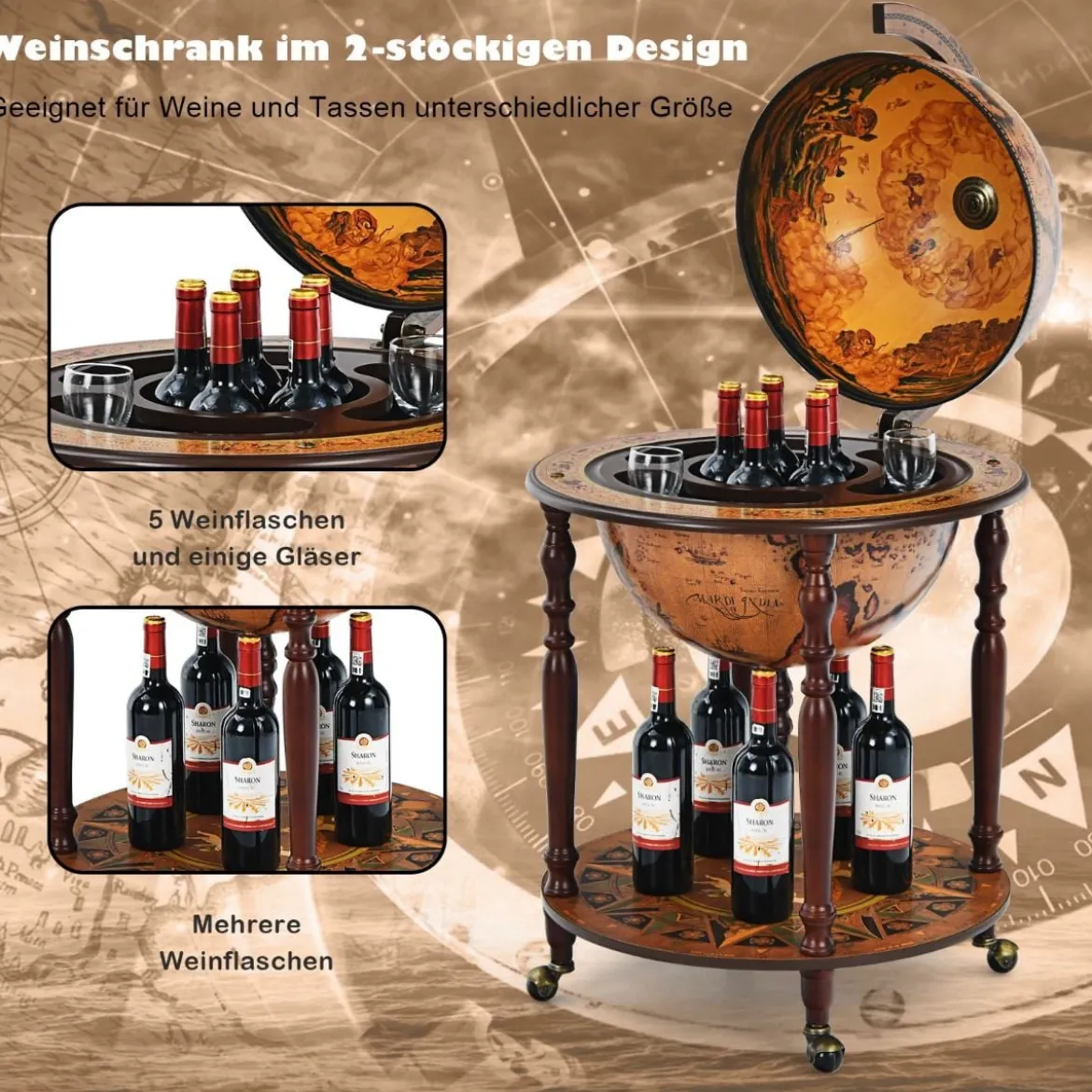 Globusbar Barschrank Barwagen mit Rollen & Deckel Weinregal Weinschrank Ø 60,5 x 95,5 cm Braun