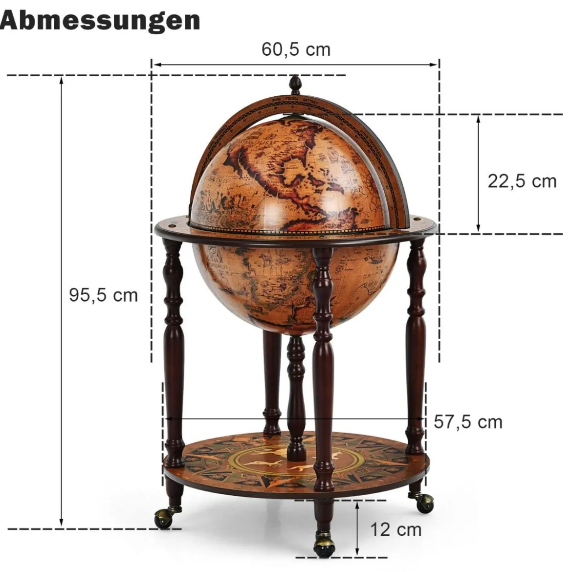 Globusbar Barschrank Barwagen mit Rollen & Deckel Weinregal Weinschrank Ø 60,5 x 95,5 cm Braun