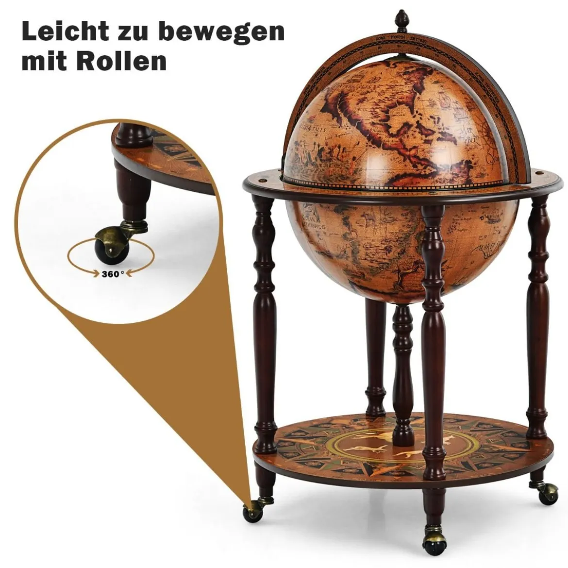 Globusbar Barschrank Barwagen mit Rollen & Deckel Weinregal Weinschrank Ø 60,5 x 95,5 cm Braun