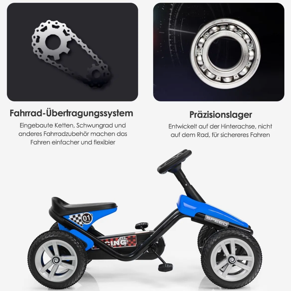 Go-Kart mit Pedalen Kinderfahrzeug mit 4 Rädern & Anti-Rutsch-Streifen Blau