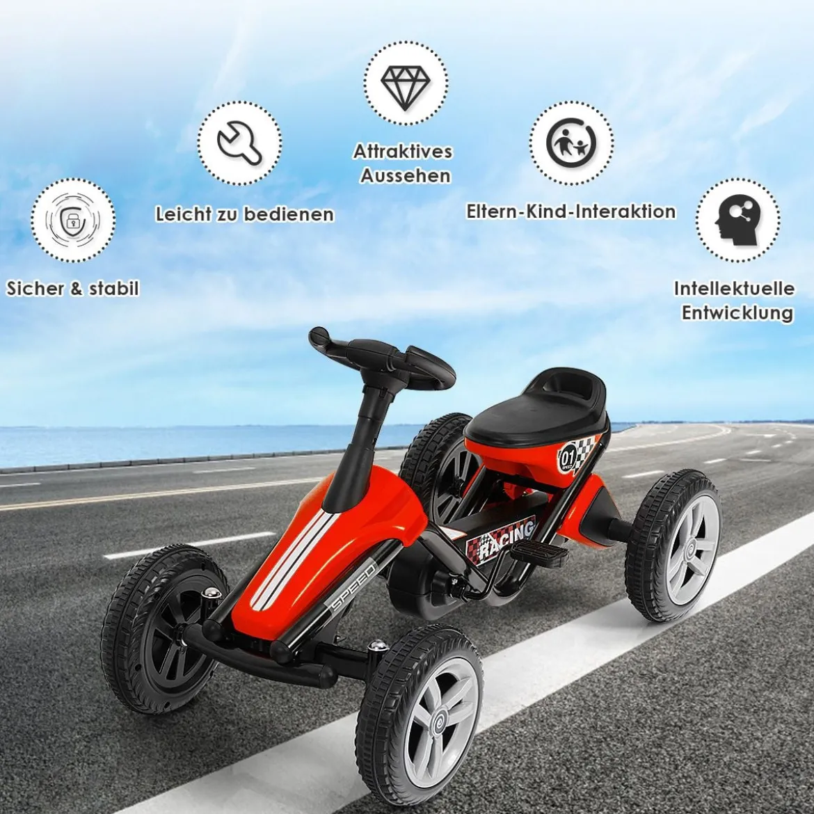 Go-Kart mit Pedalen Kinderfahrzeug mit 4 Rädern & Anti-Rutsch-Streifen Rot