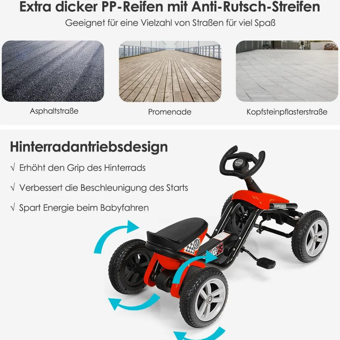Go-Kart mit Pedalen Kinderfahrzeug mit 4 Rädern & Anti-Rutsch-Streifen Rot