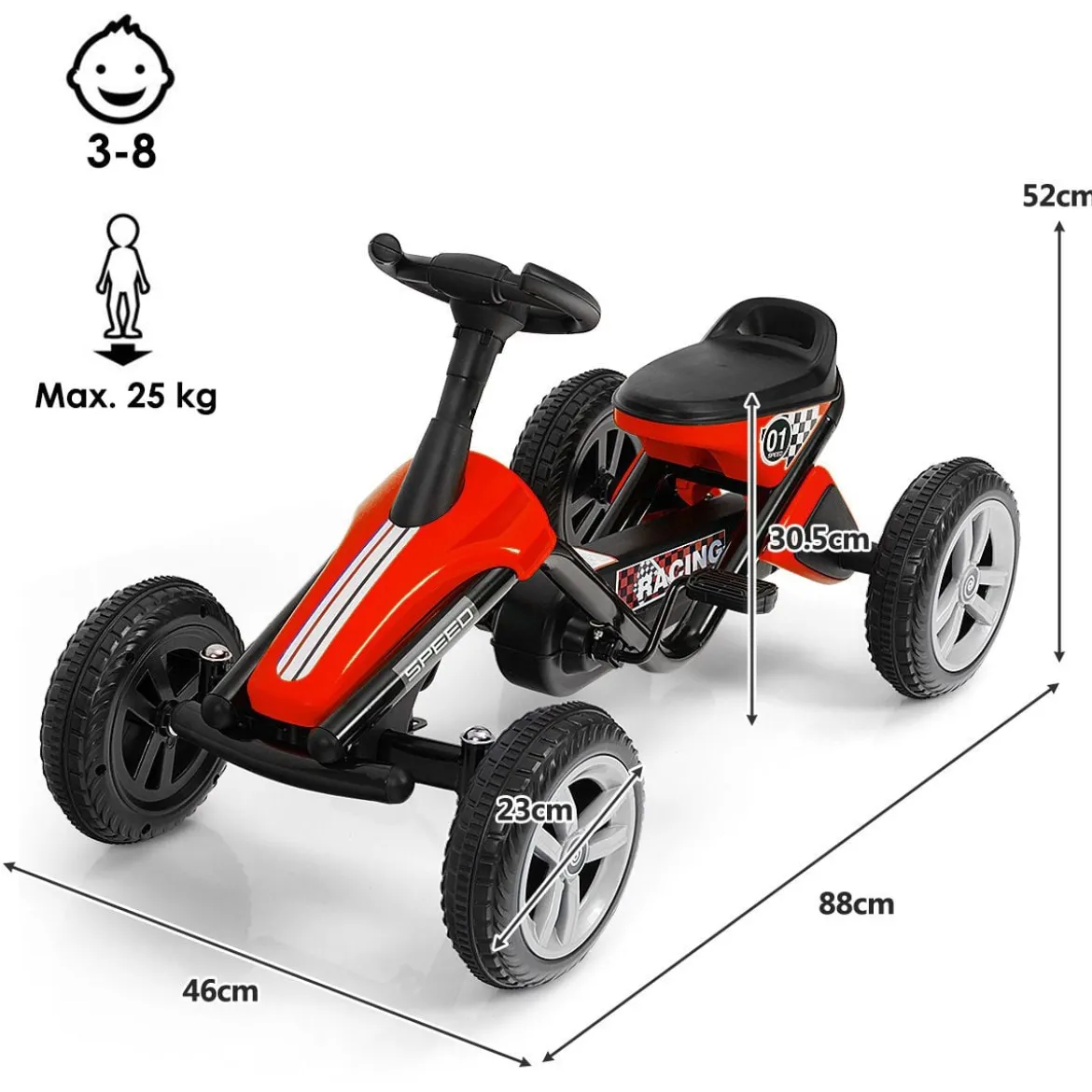 Go-Kart mit Pedalen Kinderfahrzeug mit 4 Rädern & Anti-Rutsch-Streifen Rot