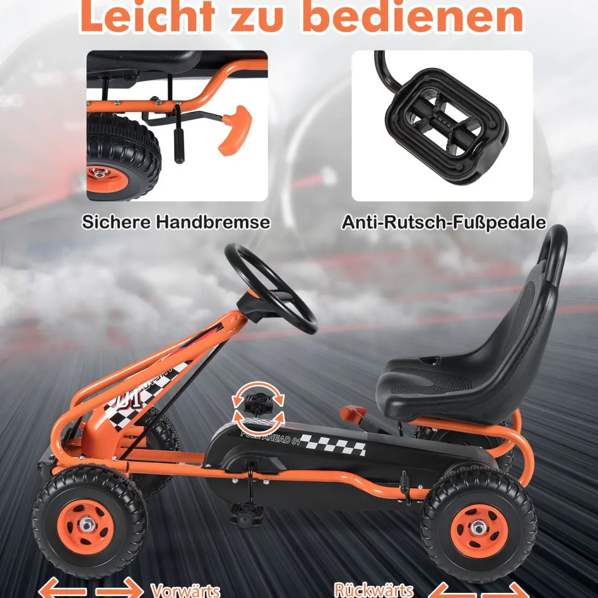 Gokart mit Verstellbarem Sitz & Handbremse Tretauto bis 30kg Belastbar Pedal Go Cart