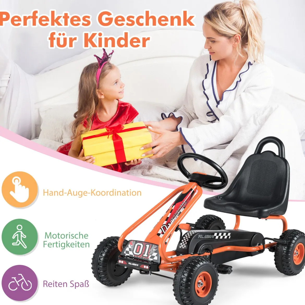 Gokart mit Verstellbarem Sitz & Handbremse Tretauto bis 30kg Belastbar Pedal Go Cart