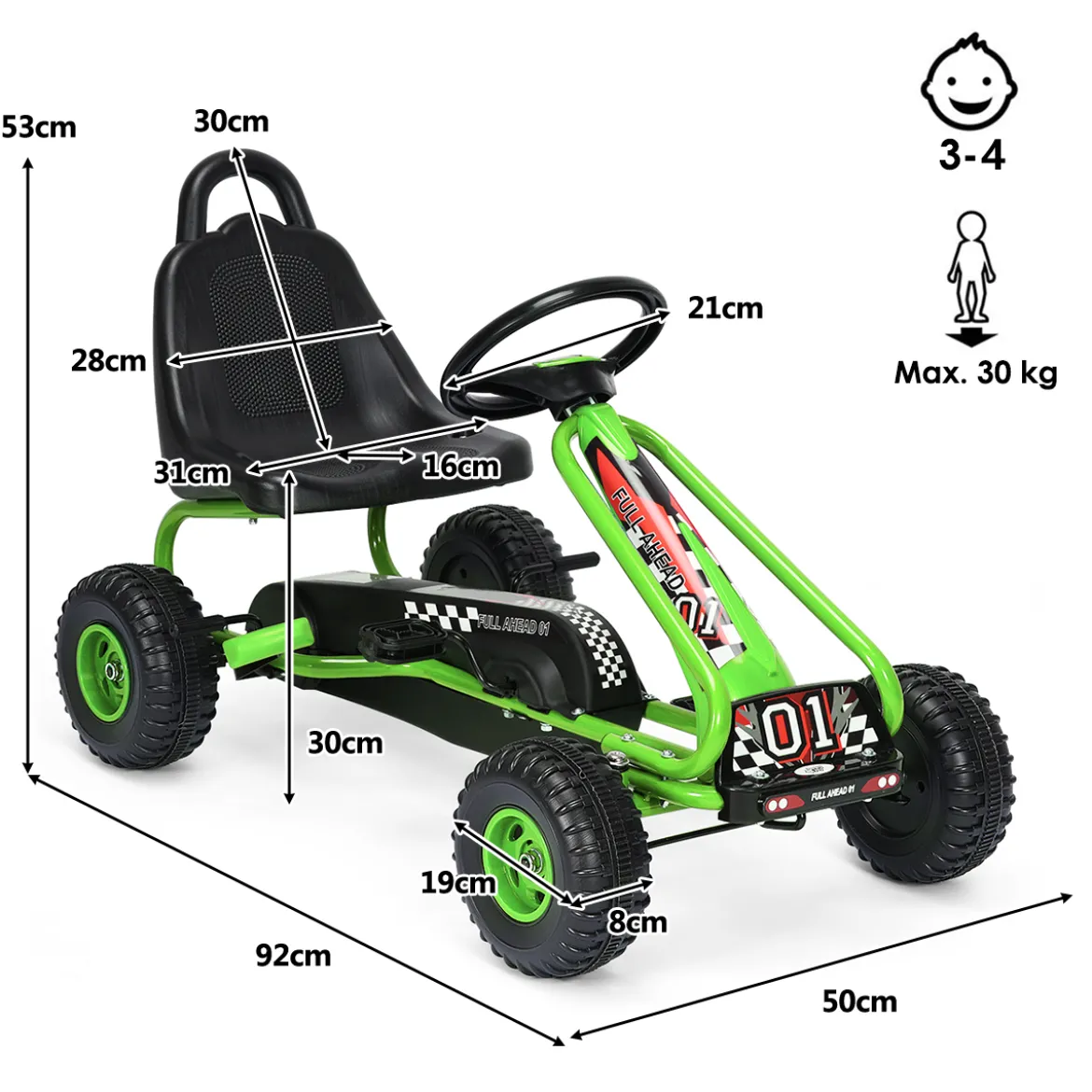 Gokart mit Verstellbarem Sitz & Handbremse Tretauto bis 30kg Belastbar Pedal Go Cart