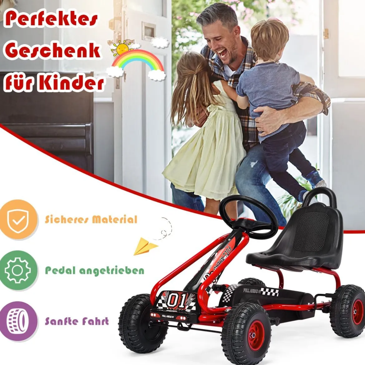 Gokart mit Verstellbarem Sitz & Handbremse Tretauto bis 30kg Belastbar Pedal Go Cart