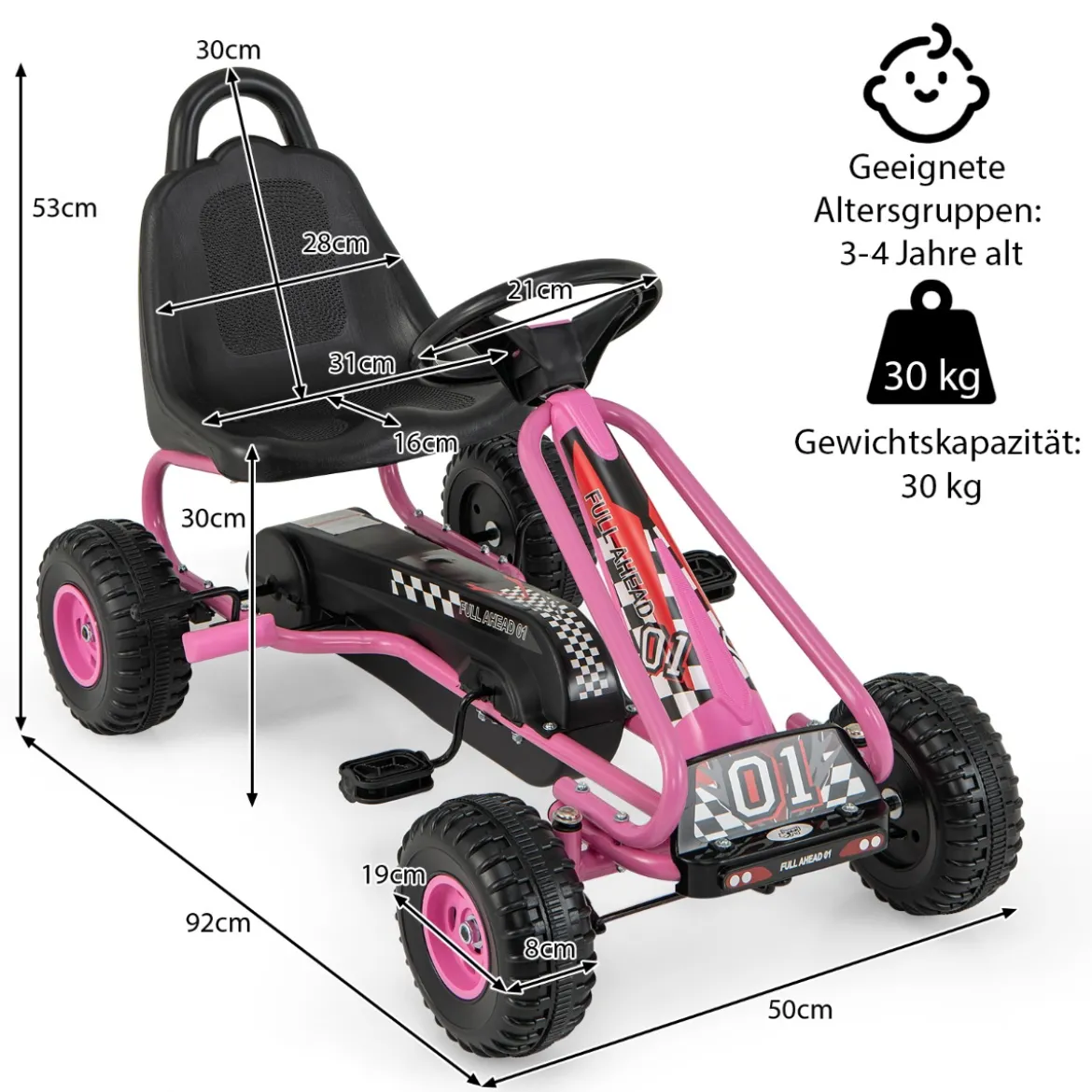 Gokart mit Verstellbarem Sitz & Handbremse Tretauto bis 30kg Belastbar Pedal Go Cart
