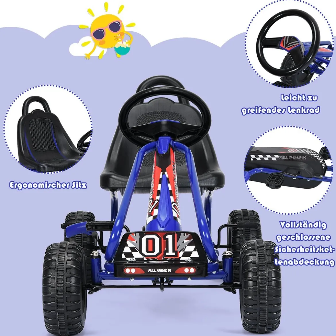 Gokart mit Verstellbarem Sitz & Handbremse Tretauto bis 30kg Belastbar Pedal Go Cart