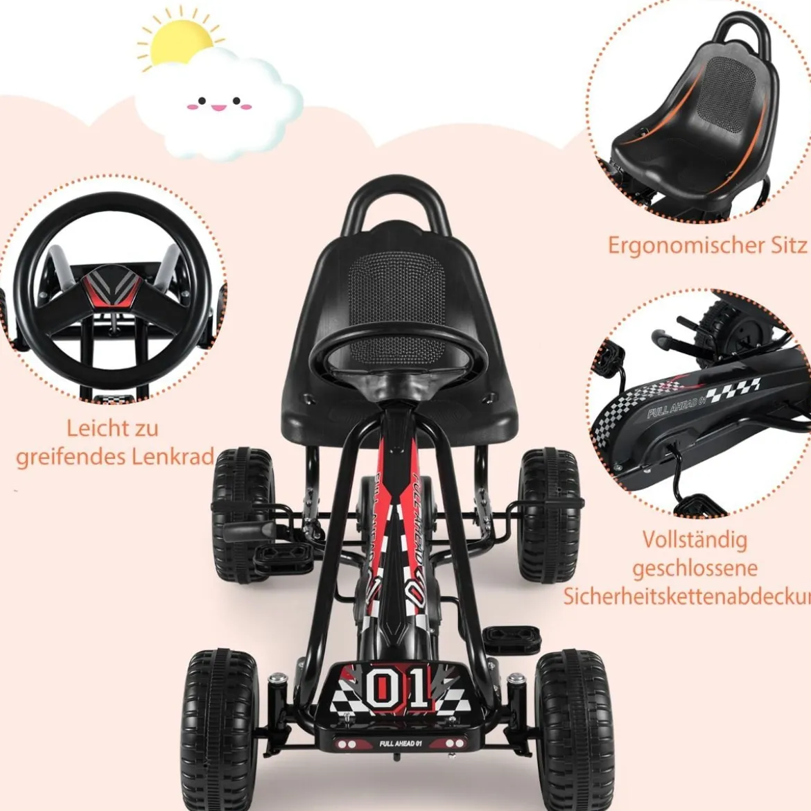 Gokart mit Verstellbarem Sitz & Handbremse Tretauto bis 30kg Belastbar Pedal Go Cart