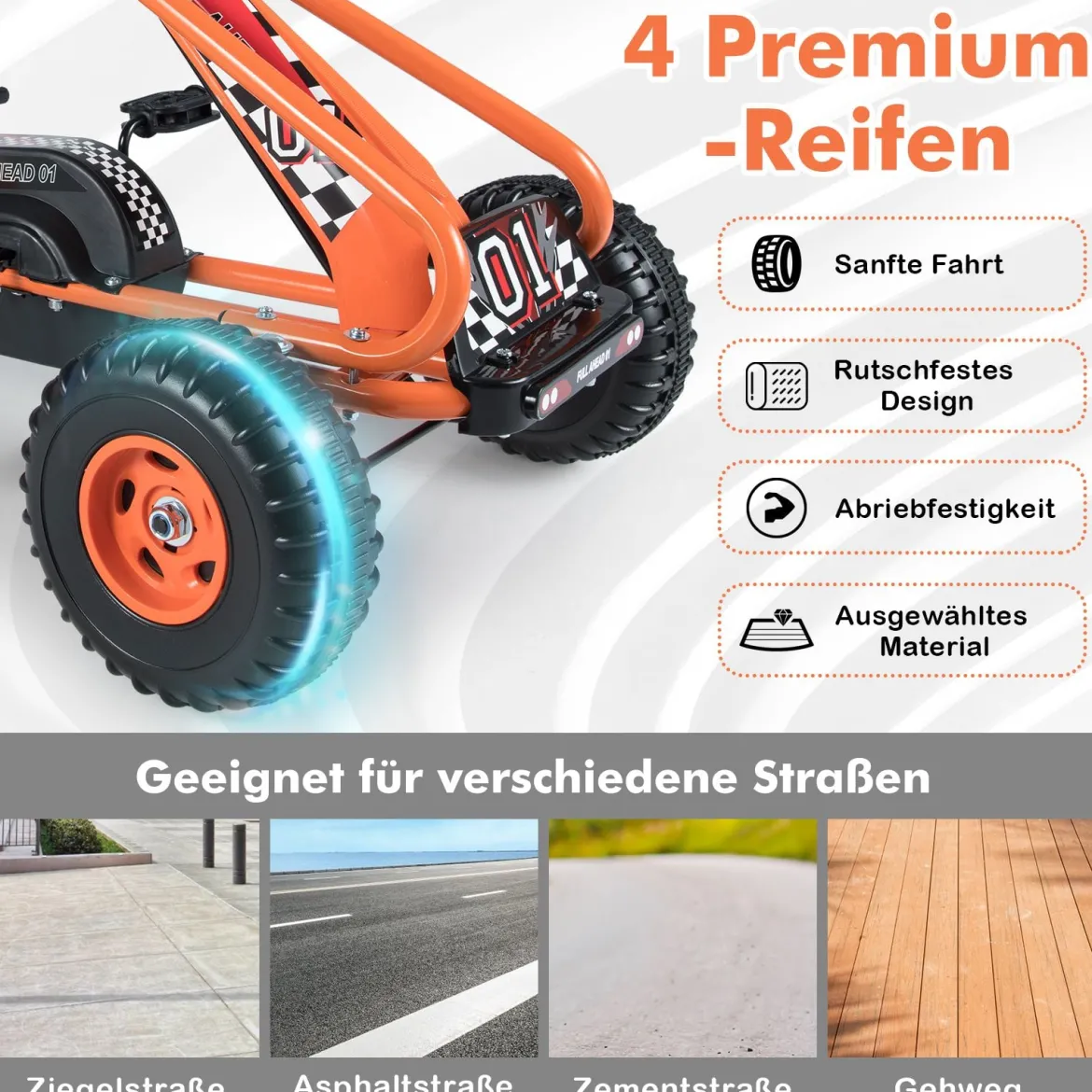 Gokart mit Verstellbarem Sitz & Handbremse Tretauto bis 30kg Belastbar Pedal Go Cart